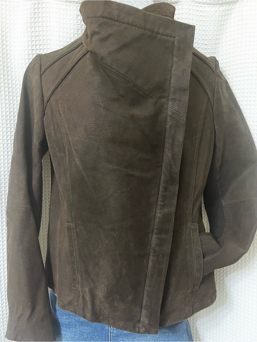 Nicole Miller Dark Brown Suede Asymmetrical Leather Jacket Womens SZ S